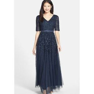 Adrianna Papell Midnight Blue Beaded Mesh Gown